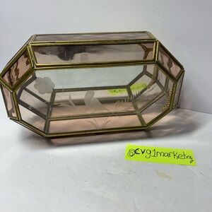 Brass And Stained Glass Style Trinket Box Mirrored Octagon Vintage Etched Lid